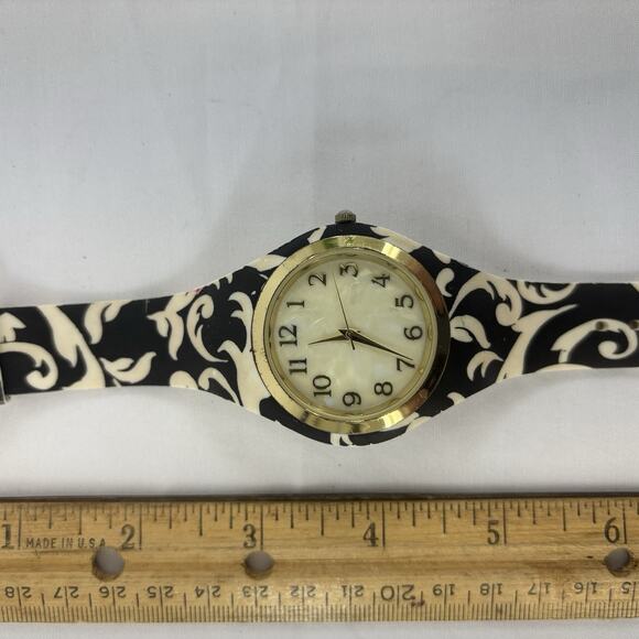 accutime watch corp white And Black Mod rubber band with White face Gold trim - Picture 1 of 2